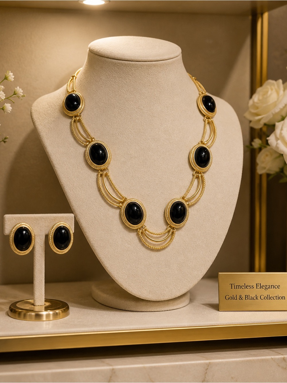 Gold and Black Statement Necklace and Earring Set